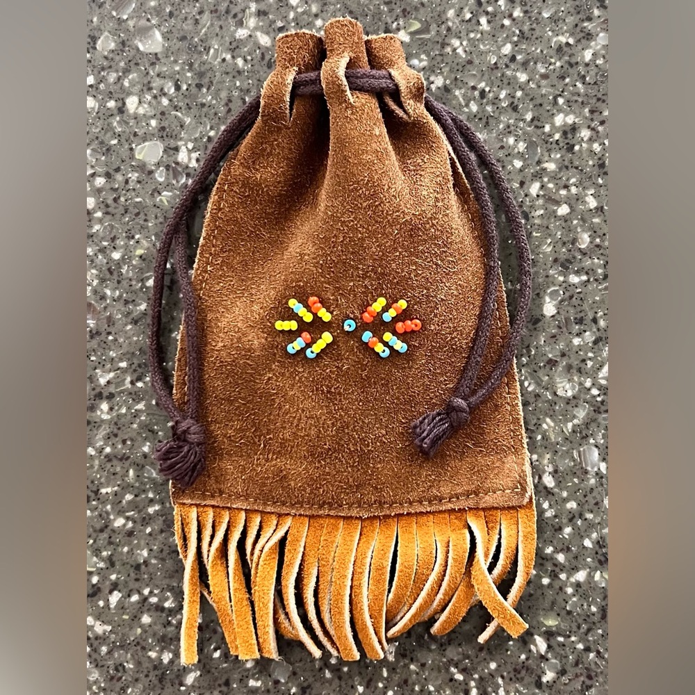 Vintage Suede Leather Fringe Medicine Herb Bag Drawstring Pouch Hand Beaded